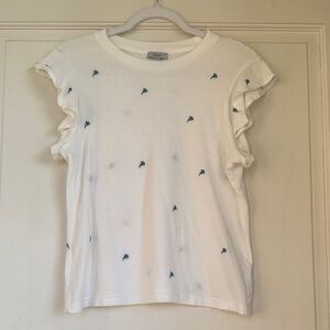 Rails White Tee with Small Blue and Green Embroidery Flowers And Ruffle Sleeve